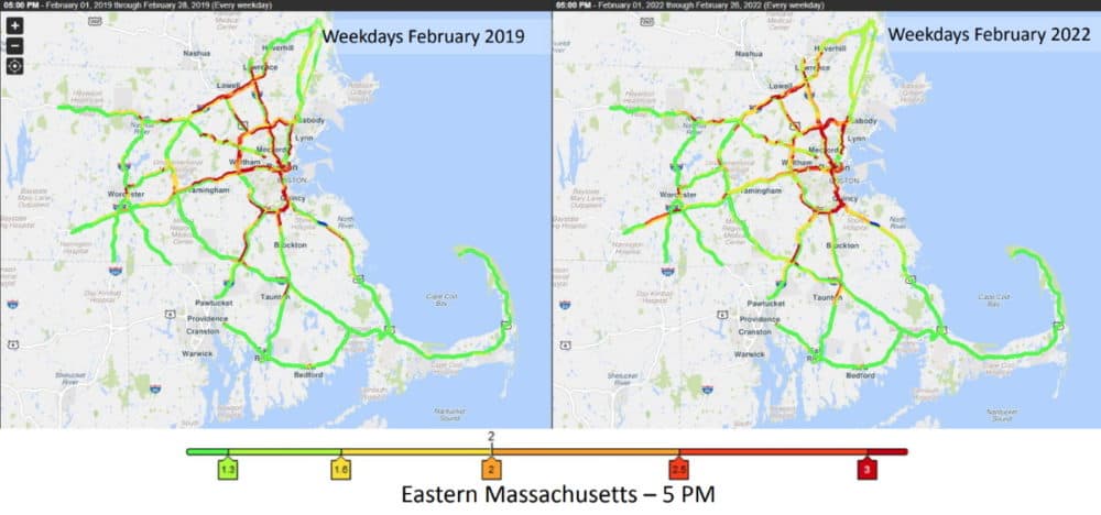 Maps presented Wednesday by the state's highway administrator compare traffic trends at 5 p.m. on an average weekday in February 2019 and February 2022, showing congestion is back but with shifting patterns. (Courtesy MassDOT)