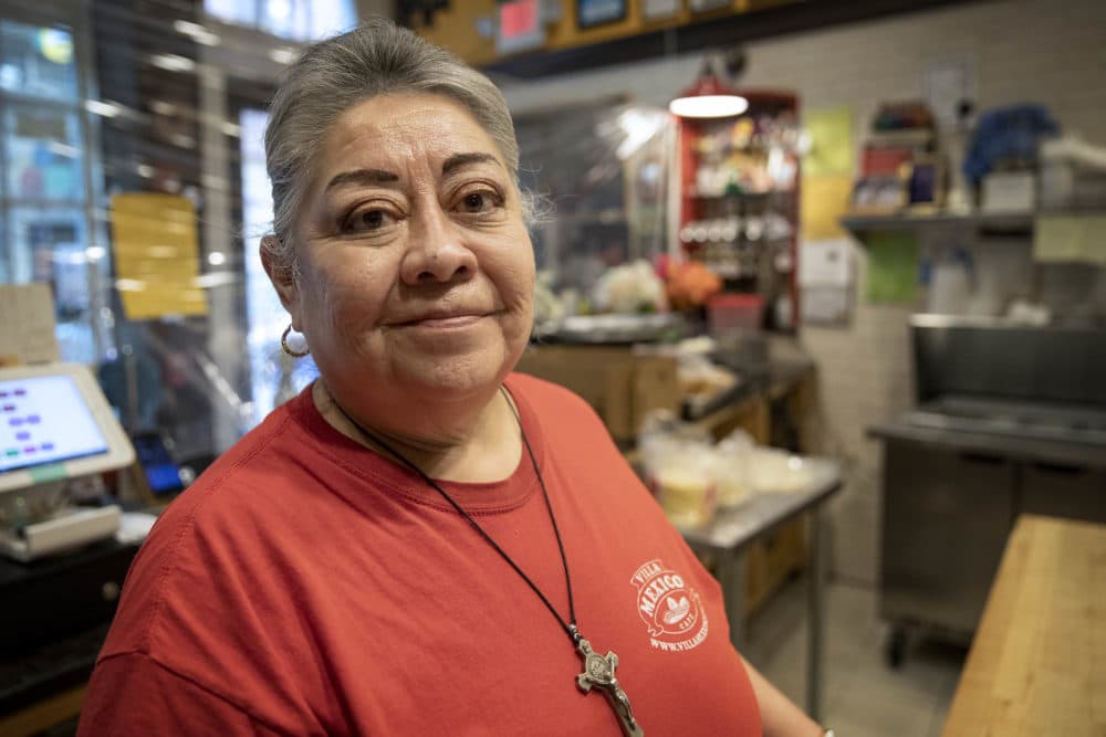 Julie King inside her restaurant, Villa Mexico Cafe. (Robin Lubbock/WBUR)