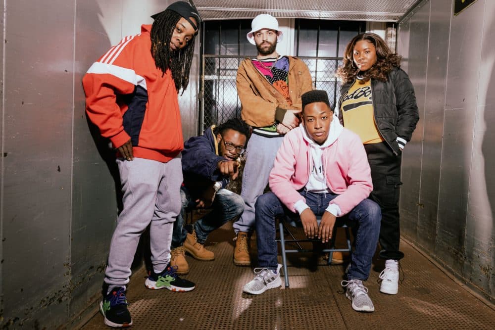 DJ WhySham, Malik Mitchell, Henry Morehouse, Anderson Stinson III and Victoria Omoregie in a press image for "The Bomb-itty of Errors." (Courtesy Nile Scott Studios)