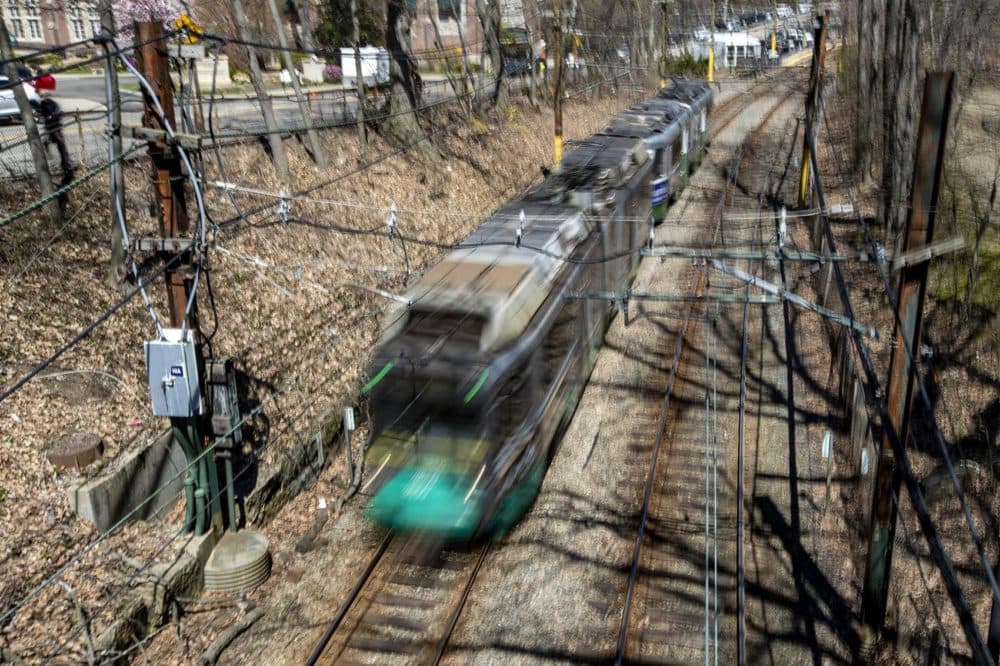 An MBTA Green Line train pulling out of Longwood Station in Brookline. (Jesse Costa/WBUR)