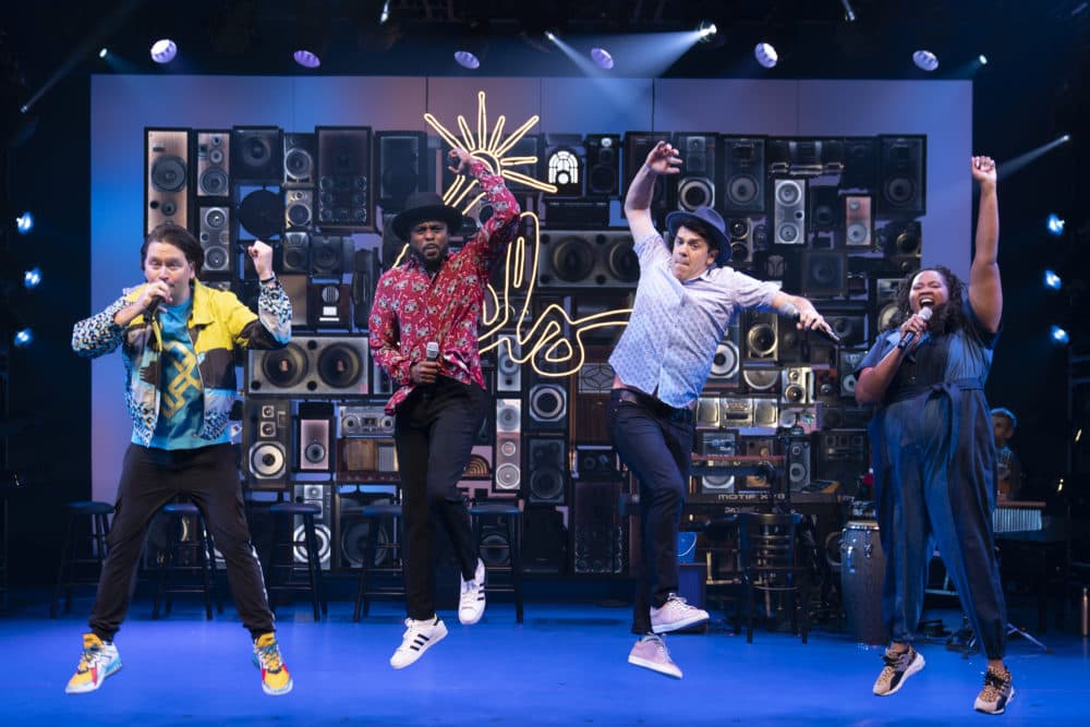 Left to right: Chris Sullivan, Wayne Brady, Anthony Veneziale, Aneesa Folds, and Kurt Crowley (on keyboard) in "Freestyle Love Supreme" at the Booth Theatre. (Courtesy Joan Marcus)