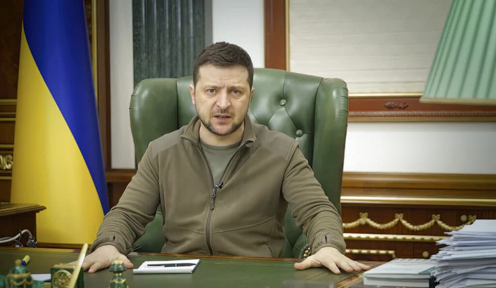 In this image from video provided by the Ukrainian Presidential Press Office and posted on Facebook early Saturday, March 12, 2022, Ukrainian President Volodymyr Zelenskyy speaks in Kyiv, Ukraine. (Ukrainian Presidential Press Office via AP)