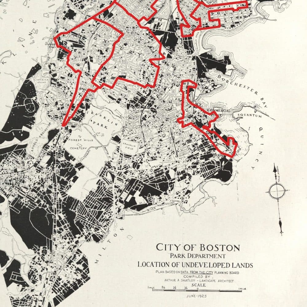 Location of Undeveloped Lands With Boundaries From Residential Security Map of Boston, Massachusetts. Arthur A. Shurtleff; City of Boston Park Department; Home Owners' Loan Corporation; Leventhal Map & Education Center. 1925, 1938, and 2022. (Courtesy of Leventhal Map & Education Center)