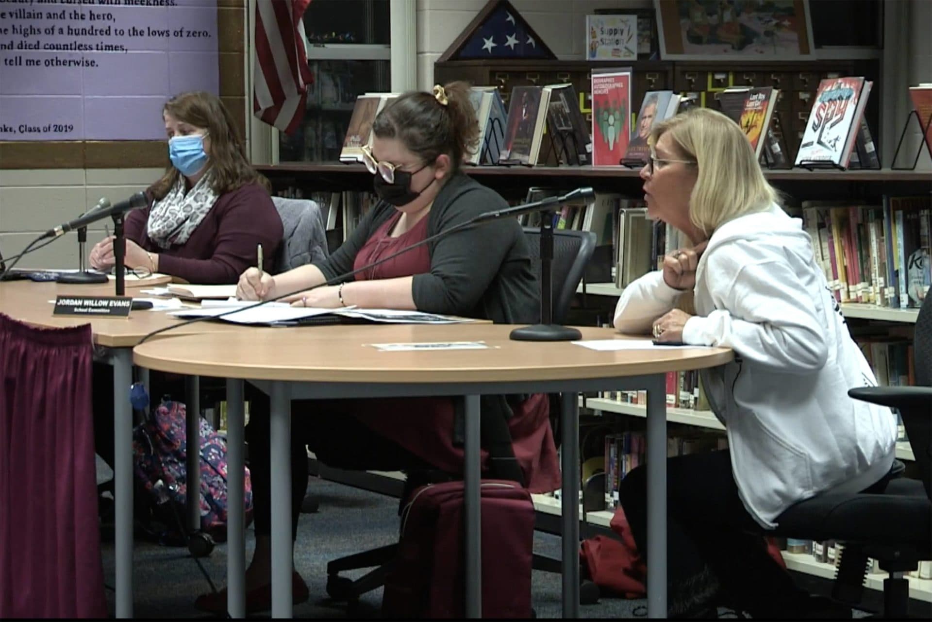 Carroll-Sue Rehm, right, lives in Florida but has grandchildren in the Dudley-Charlton school district. She's led the effort to recall five sitting school committee members. (Screenshot Dudley-Charlton School Committee meeting)
