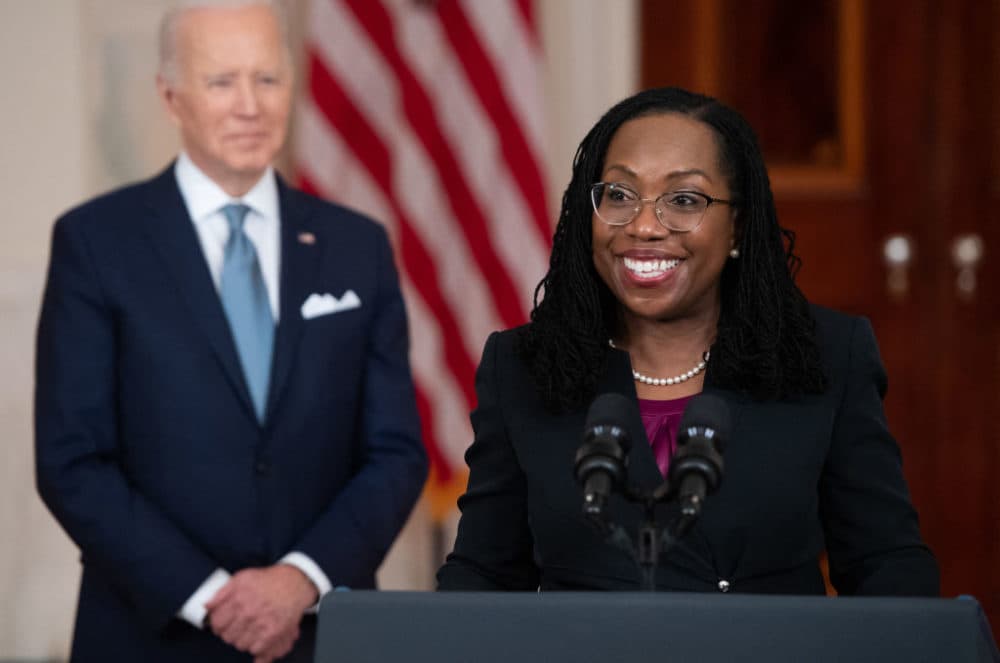 Judge Ketanji Brown Jackson, with President Joe Biden, speaks after she was nominated for Associate Justice of the US Supreme Court, in the Cross Hall of the White House in Washington, DC, February 25, 2022.  (Saul Loeb/AFP via Getty Images)