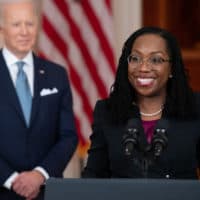 Judge Ketanji Brown Jackson, with President Joe Biden, speaks after she was nominated for Associate Justice of the US Supreme Court, in the Cross Hall of the White House in Washington, DC, February 25, 2022.  (Saul Loeb/AFP via Getty Images)