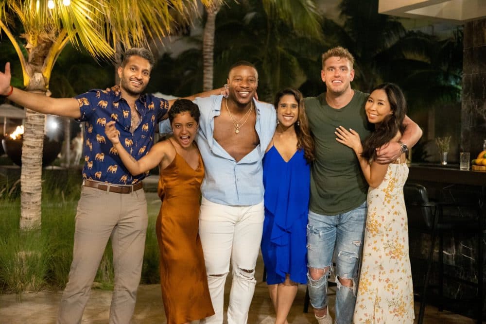 From left to right, Abhishek Chatterjee, Iyanna McNeely, Jarrette Jones, Deepti Vempati, Shayne Jansen, Natalie Lee in season 2 of "Love Is Blind." (Aarón Ortega/Netflix © 2022)