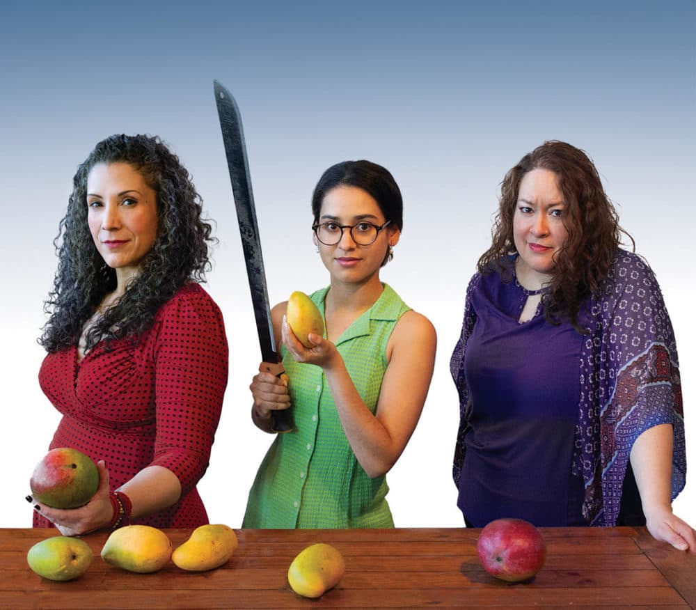 Paola Ferrer, Luz Lopez and Karina Beleno Carney in a press image for "Don't Eat the Mangos." (Courtesy Apollinaire Theater Company & Teatro Chelsea)