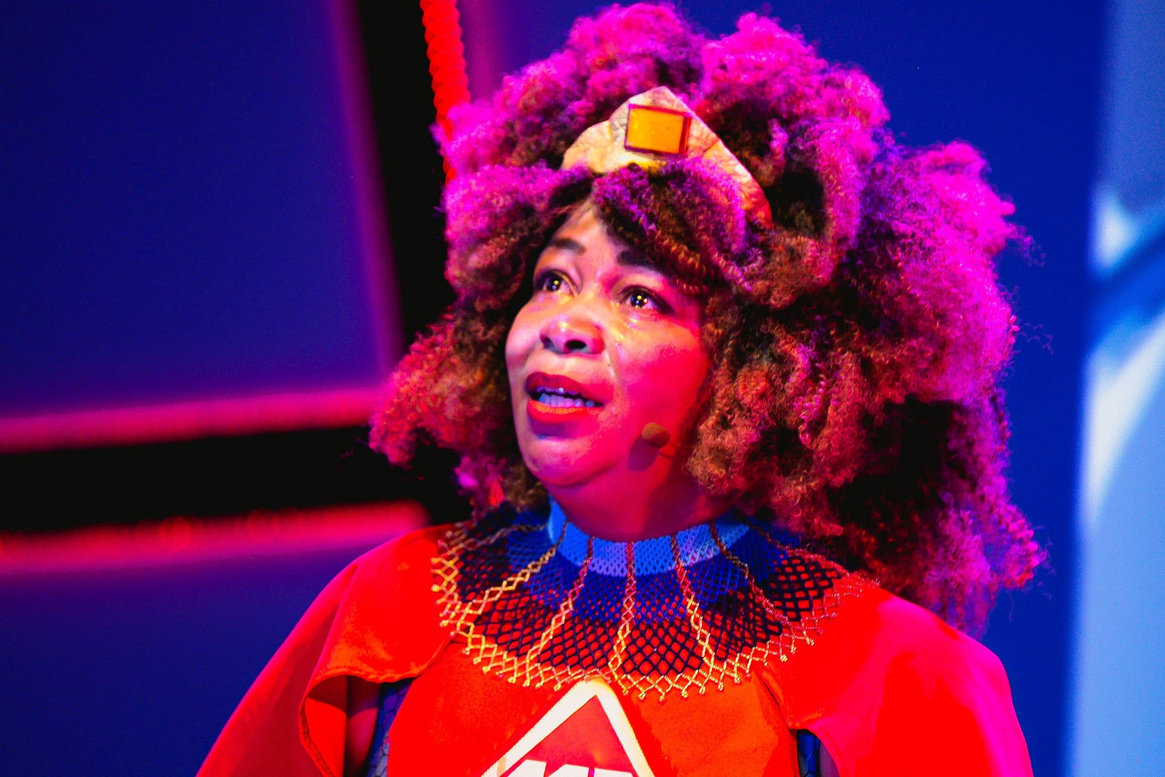 Ramona Lisa Alexander plays the title role in "Black Super Hero Magic Mama" at the Boston Public Library. (Courtesy Lauren Miller)