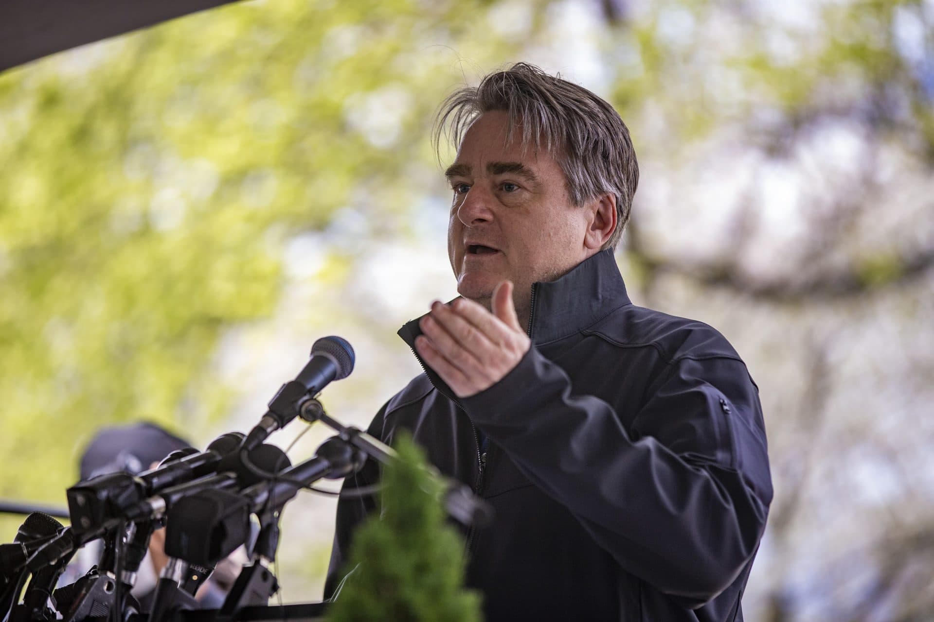 King Boston founder and co-chair Paul English speaks during the groundbreaking ceremony for the King memorial. (Jesse Costa/WBUR)