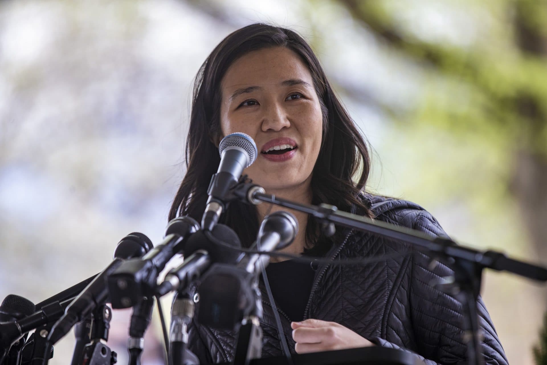 Mayor Michelle Wu speaks during the groundbreaking ceremony for the King memorial. (Jesse Costa/WBUR)