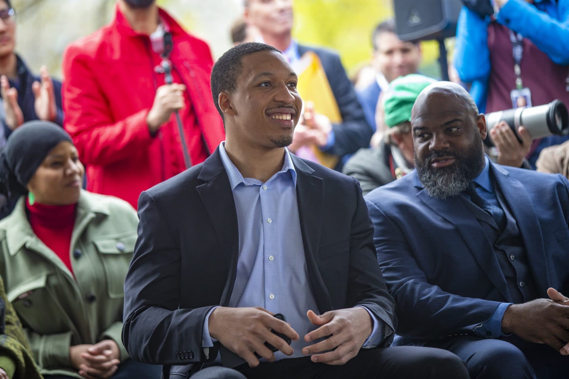 Boston Celtics forward Grant Williams attended the groundbreaking ceremony for the King memorial. (Jesse Costa/WBUR)