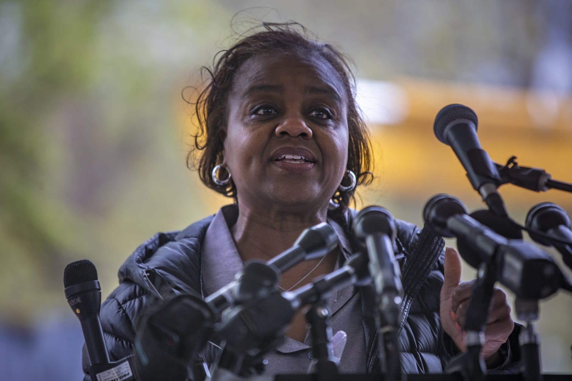 Former Massachusetts State Rep. Marie St. Fleur speaks during the groundbreaking ceremony for the King memorial. (Jesse Costa/WBUR)
