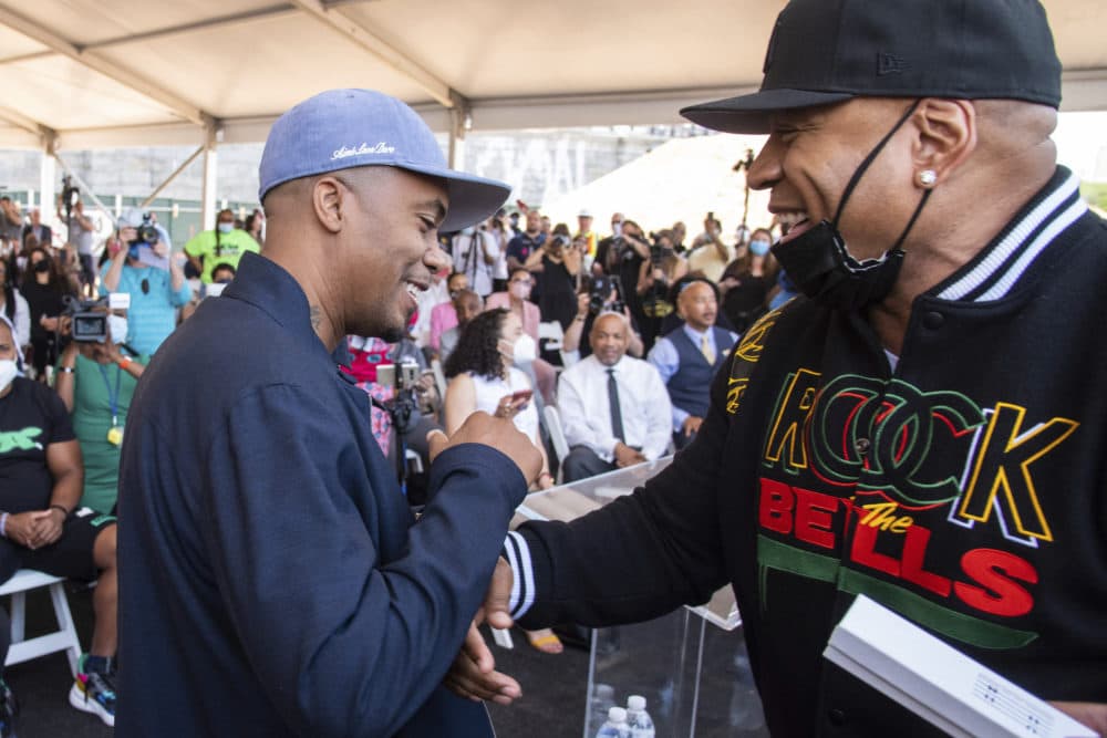 Nas, left, and LL Cool J attend the Universal Hip Hop Museum groundbreaking ceremony on Thursday, May 20, 2021, in the Bronx borough of New York. (Charles Sykes/Invision/AP)