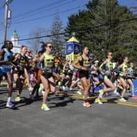 The elite women break from the starting line of the 126th Boston Marathon, Monday, April 18, 2022, in Hopkinton, Mass. (Mary Schwalm/AP)