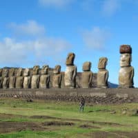 15 moai standing watch at Tongariki on Easter Island.  The largest moai on the 720-foot-long platform weighs 97 tons. The site was restored between 1992 and 1996 at a cost of over $2 million, paid for by the Japanese government(Karen Schwartz/AP)