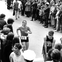 Sara Mae Berman running in the 1972 Boston Marathon. She had the flu that year, and finished in fifth place. (Courtesy Boston Athletic Association)
