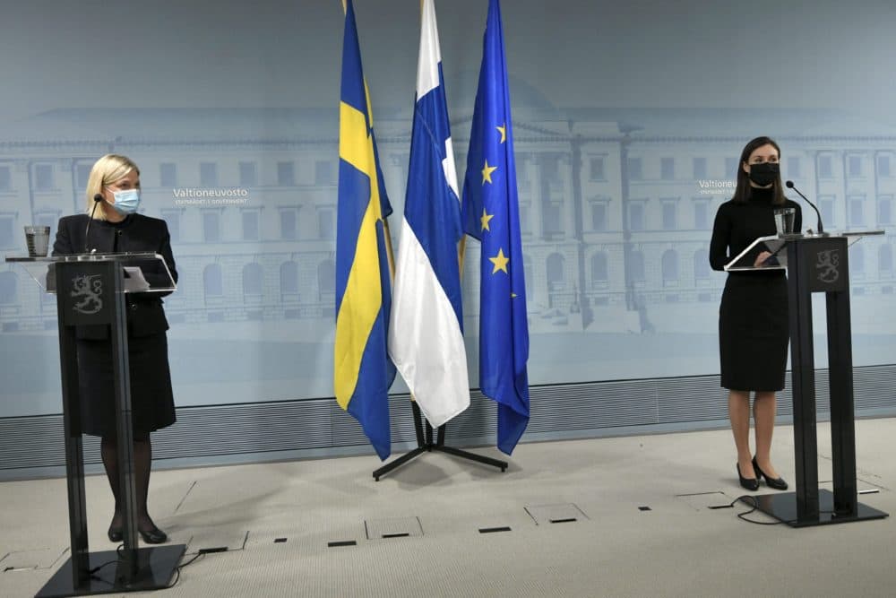 The Prime Minister of Sweden Magdalena Andersson (L) and the Prime Minister of Finland Sanna Marin give a joint press conference in Helsinki, Finland on December 8, 2021. (Markku Ulander/Lehtikuva/AFP via Getty Images)
