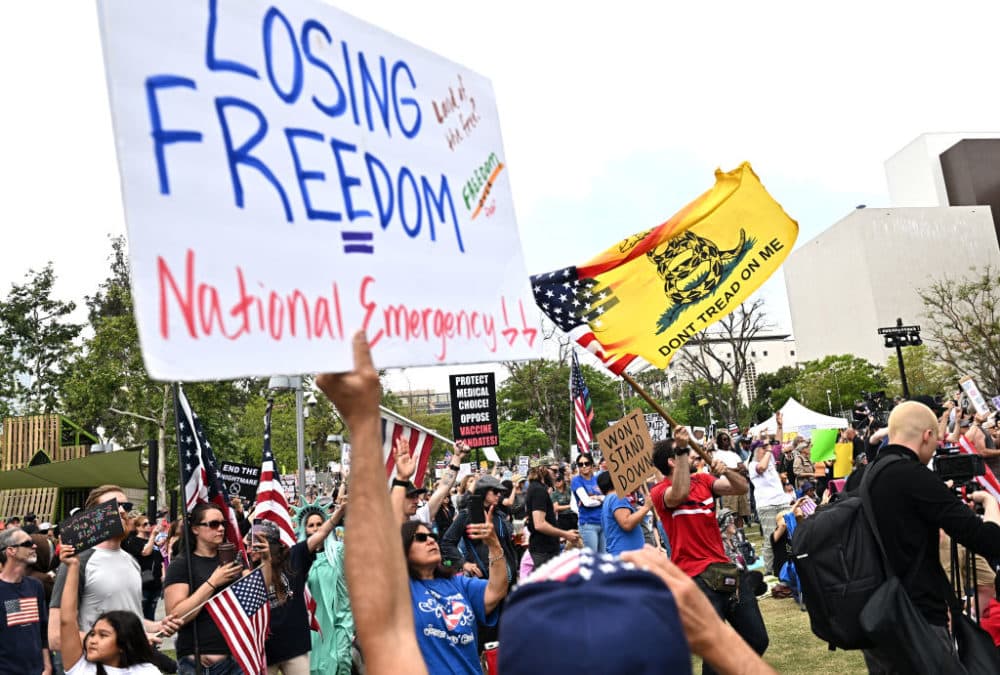 People rally against vaccine mandates at Grand Park in Los Angeles, Calif. on April 10, 2022. (Wally Skalij/Los Angeles Times via Getty Images)
