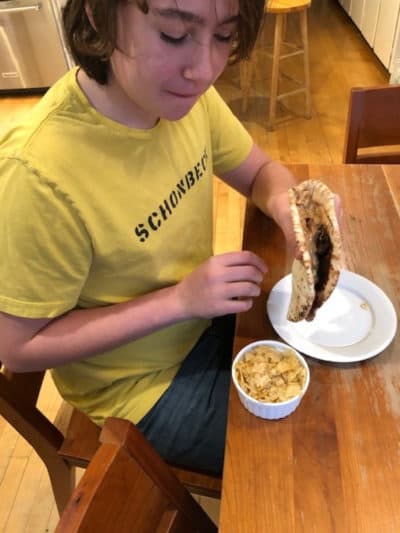 The author's son, Finn, shows off his "peanut butter cup taco." (Courtesy of Barbara Moran)