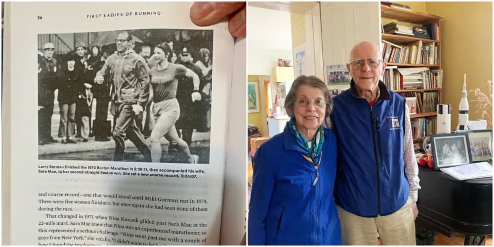 On the left, Sara Mae Berman shares a photo from the 1970 Boston Marathon taken by Rick Levy and included in the book "The First Ladies of Running" by Amby Burfoot. On the right, Sara Mae and her husband Larry at their home in Cambridge, Mass. on April 14, 2022. The couple still works out 70 minutes a day and participates in cross-country skiing and orienteering competitions. (Cloe Axelson/WBUR)
