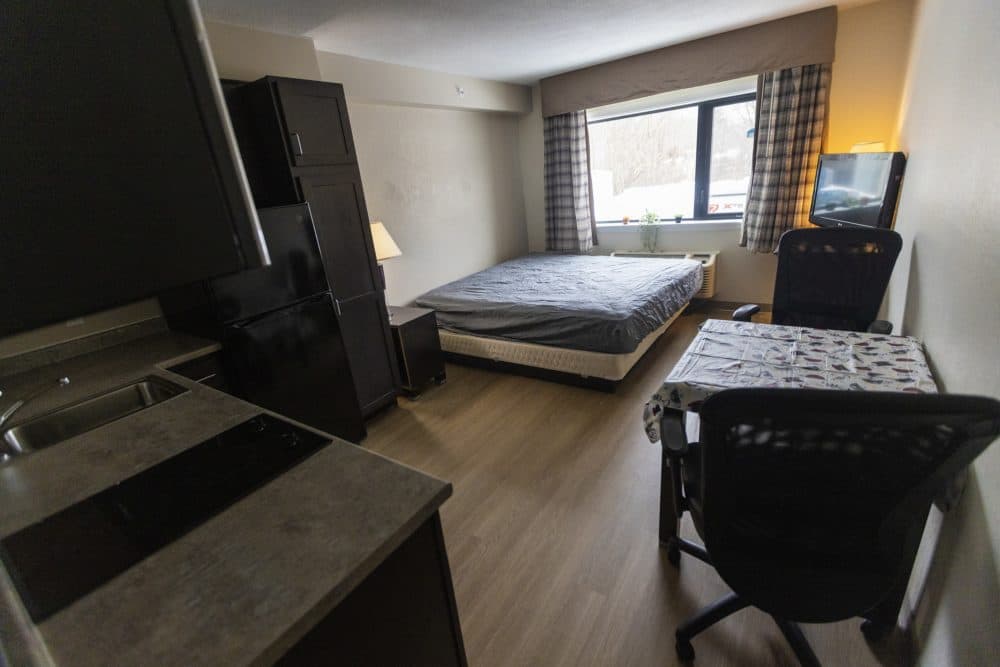 A permanent supportive housing unit at Roadway Apartments, developed and operated by Father Bill's & MainSpring in a former hotel in Brockton. (Jesse Costa/WBUR)