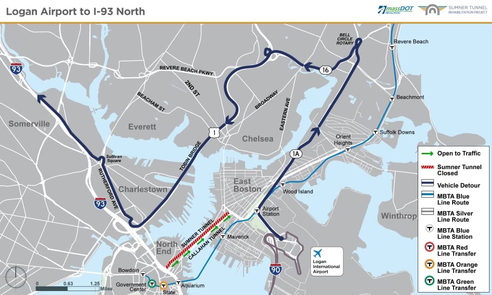 When the Sumner Tunnel is closed for a major upcoming rehabilitation project, state transportation officials will redirect motorists headed for I-93 northbound up into Revere and then Chelsea to access the interstate via the Tobin Bridge. (Courtesy MassDOT via SHNS)