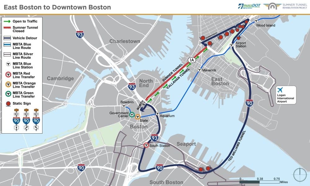 Drivers heading from East Boston or Logan International Airport toward downtown Boston will be directed to use the Ted Williams Tunnel when the Sumner Tunnel is closed for 36 weekends and then a four-month continuous stretch to allow for a major rehabilitation project. (Courtesy MassDOT via SHNS)