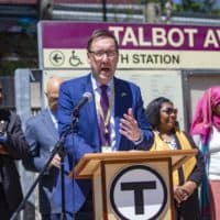 MBTA General Manager Steve Poftak speaks to the news media during a press conference announcing increased service on the Fairmount line at the Talbot Avenue commuter rail station. (Jesse Costa/WBUR)