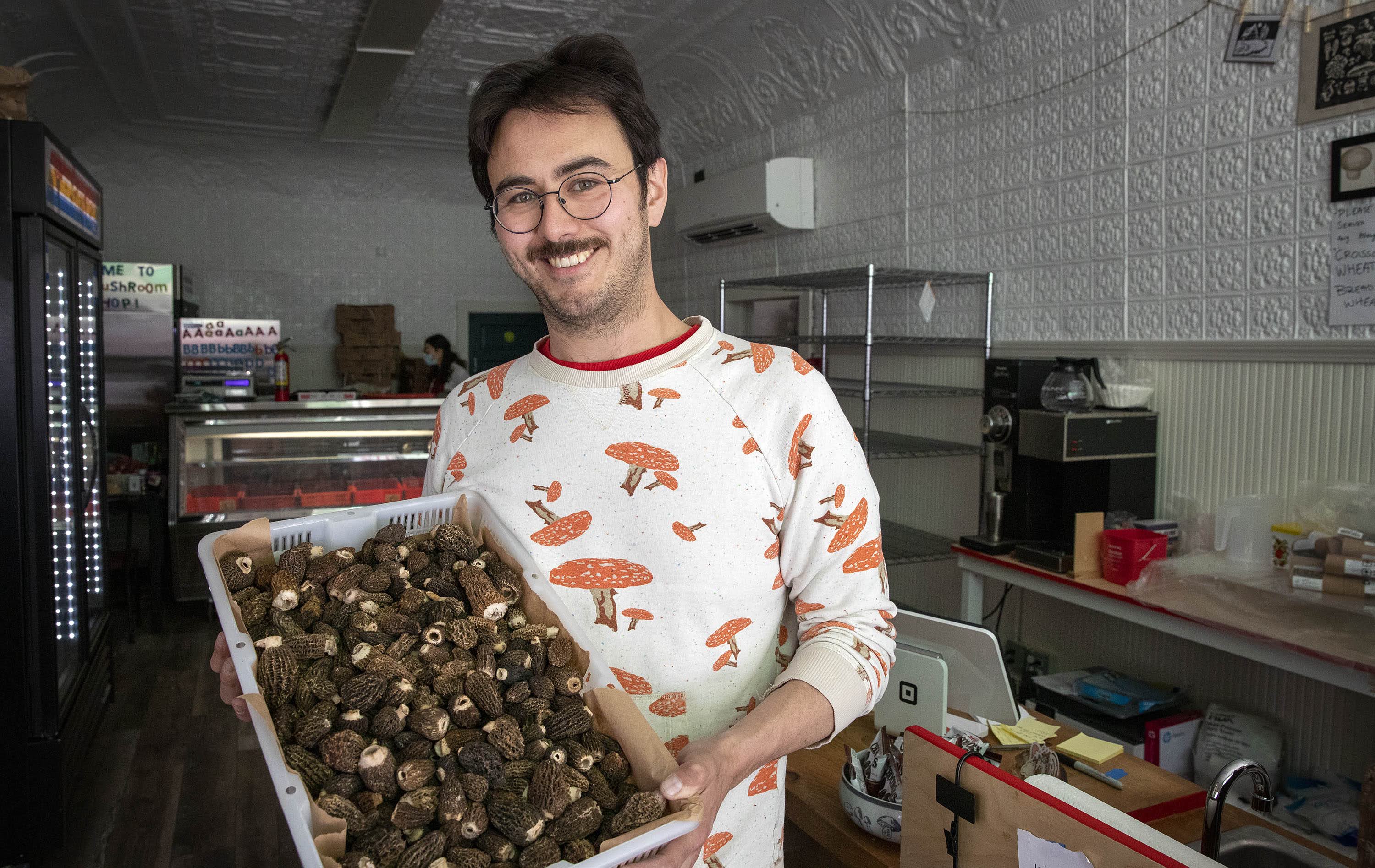 Tyler Akabane, owner of the Mushroom Shop in Somerville, holds up a tray of wild morels. (Robin Lubbock/WBUR)