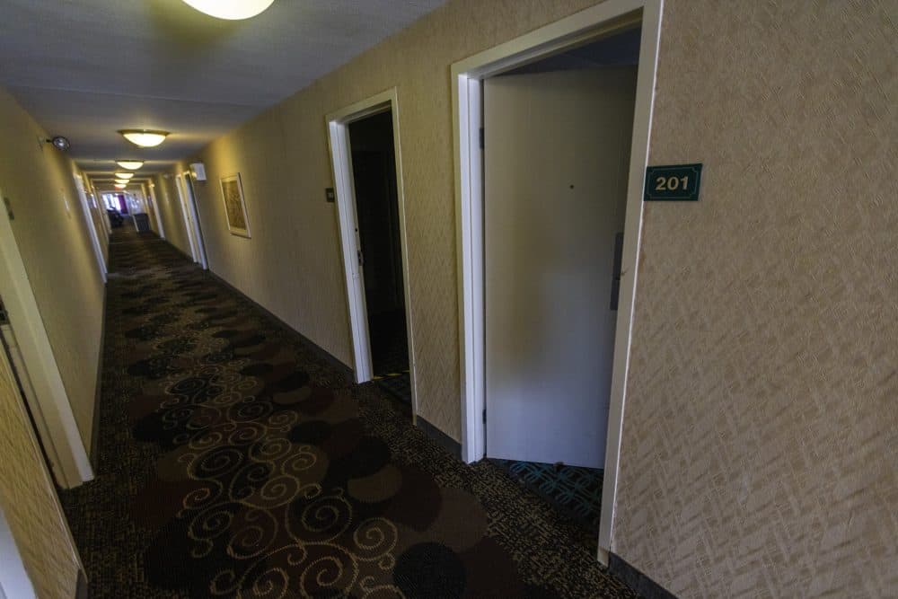 A corridor in Charles River Inn. (Jesse Costa/WBUR)