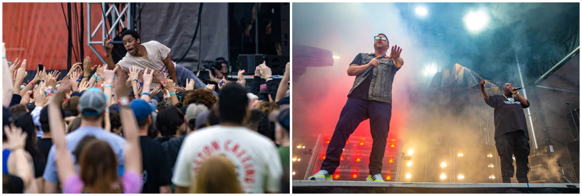 Left: KennyHoopla dives into the crowd during his set at the Boston Calling Music Festival. Right: El-P and Killer Mike of Run the Jewels performing at the Boston Calling Music Festival. (Jesse Costa/WBUR)