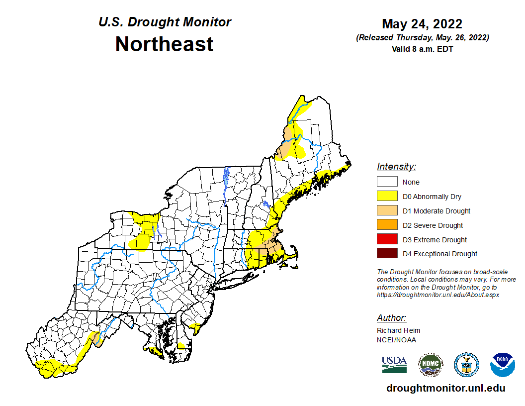 The drought monitor has much of eastern New England in drier-than-average conditions. (Image via NOAA)