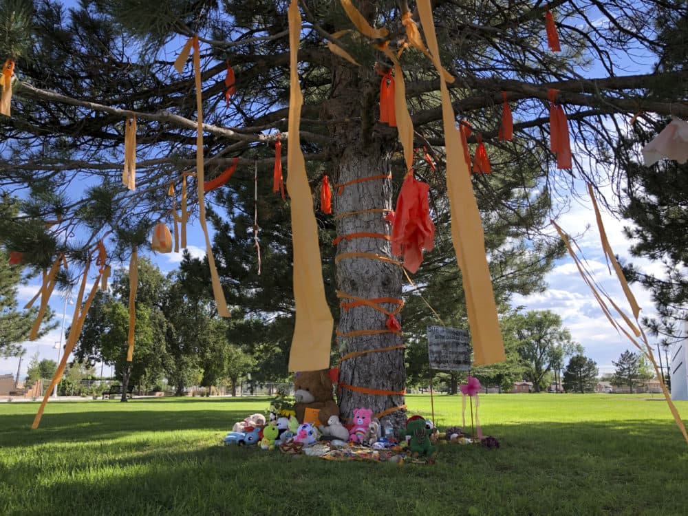A makeshift memorial for the dozens of Indigenous children who died more than a century ago while attending a boarding school that was once located near in Albuquerque, N.M. (Susan Montoya Bryan/AP)