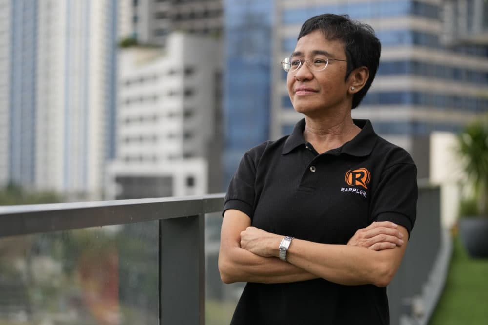Rappler CEO and Executive Editor Maria Ressa poses at a restaurant in Taguig city, Philippines on Saturday, Oct. 9, 2021. (Aaron Favila/AP)
