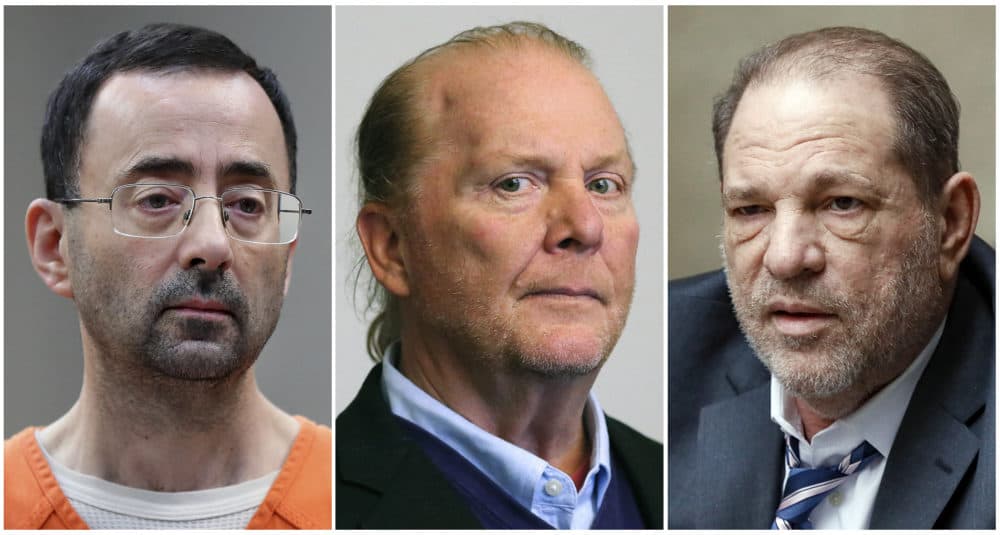 This combination of 2017-2020 photos shows, from left, Dr. Larry Nassar, Mario Batali, and Harvey Weinstein. (Paul Sancya, John Minchillo/AP; David L Ryan/The Boston Globe via AP)