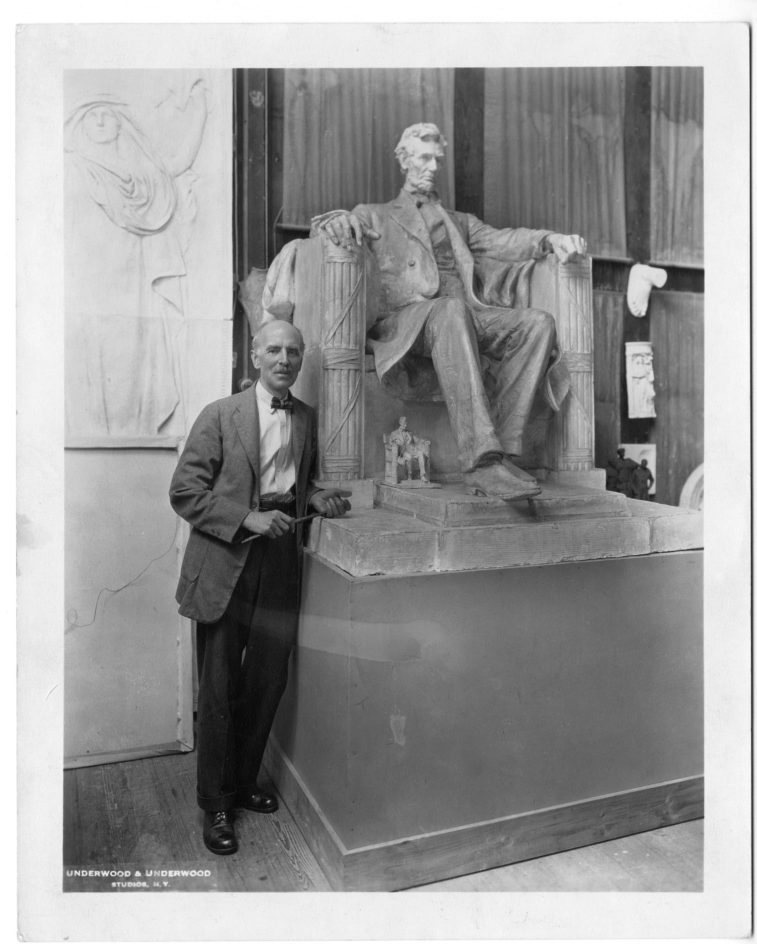 Daniel Chester French with the six-foot model of the seated Abraham Lincoln in the Chesterwood Studio, 1925.