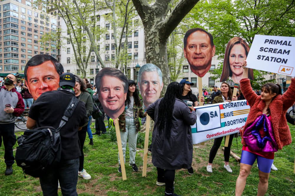 People attend a protest in Manhattan to show support for abortion rights in the United States on May 3, 2022 in New York City. A leaked draft opinion by Justice Samuel Alito has suggested that the US Supreme Court is about to overturn Roe v. Wade, a landmark ruling that gives women in the United States the ability to have legal abortions. (Pablo Monsalve/VIEWpress)