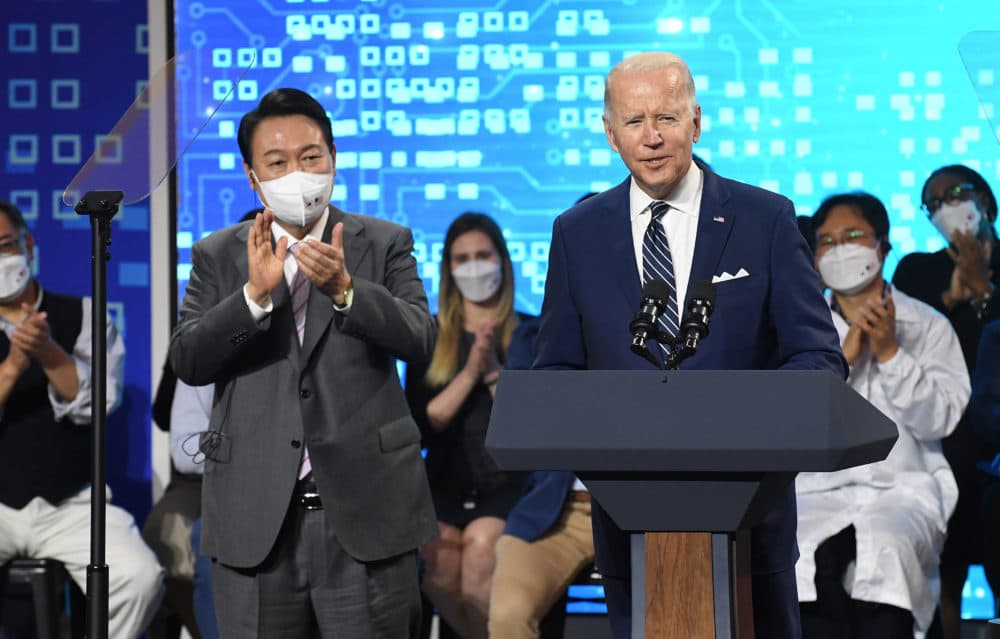 U.S. President Joe Biden delivers remarks with South Korean President Yoon Suk-yeol as they visit the Samsung Electronics Pyeongtaek campus in Pyeongtaek, South Korea. President Joe Biden arrived in South Korea on Friday for his first summit with President Yoon Suk-yeol on a range of issues, including North Korea's nuclear program and supply chain risks. (Kim Min-Hee/Getty Images)