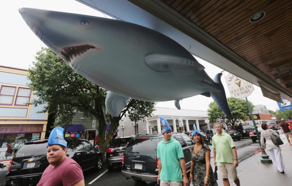 People wear shark hats during JawsFest: The Tribute, a festival celebrating the film Jaws, on the island of Martha’s Vineyard on August 11, 2012 in Oak Bluffs, Massachusetts. (Mario Tama/Getty Images)