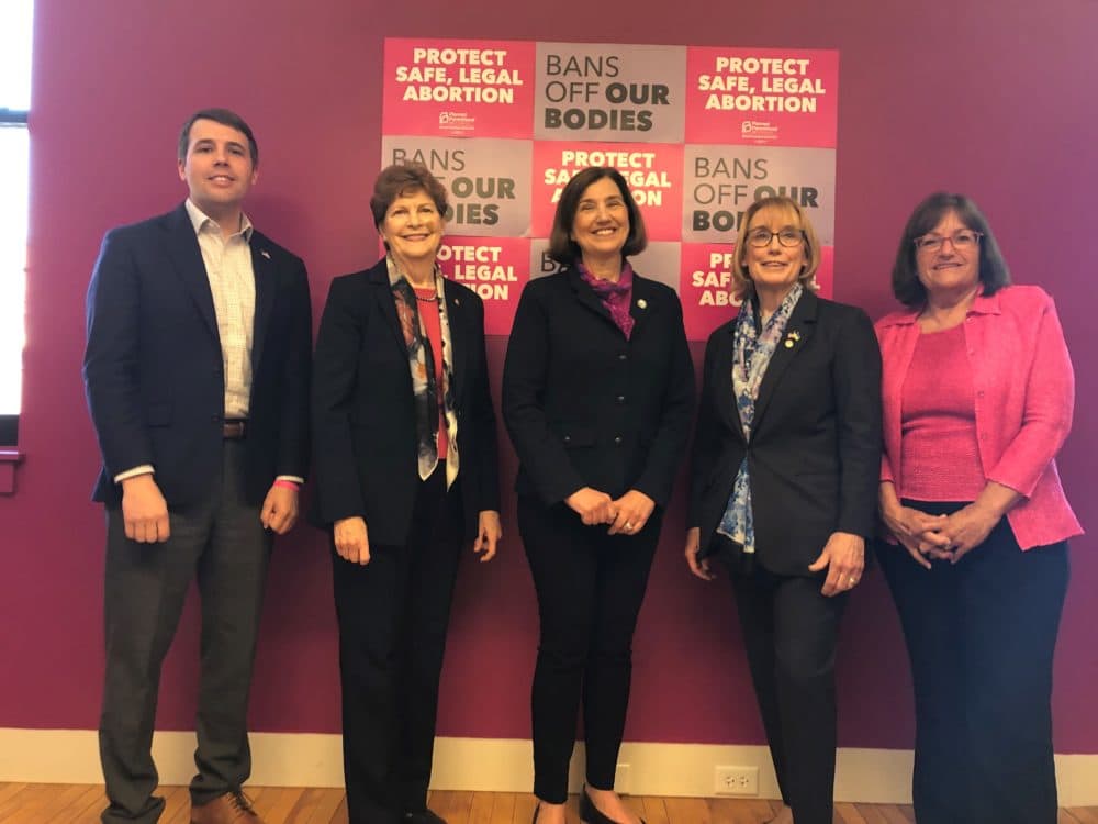 New Hampshire's top Democrats say abortion rights are in danger. They include Congressman Chris Pappas, Sen. Jeanne Shaheen, Executive Council member Cinde Warmington, Sen. Maggie Hassan and Congresswoman Annie Kuster. (Anthony Brooks/WBUR)