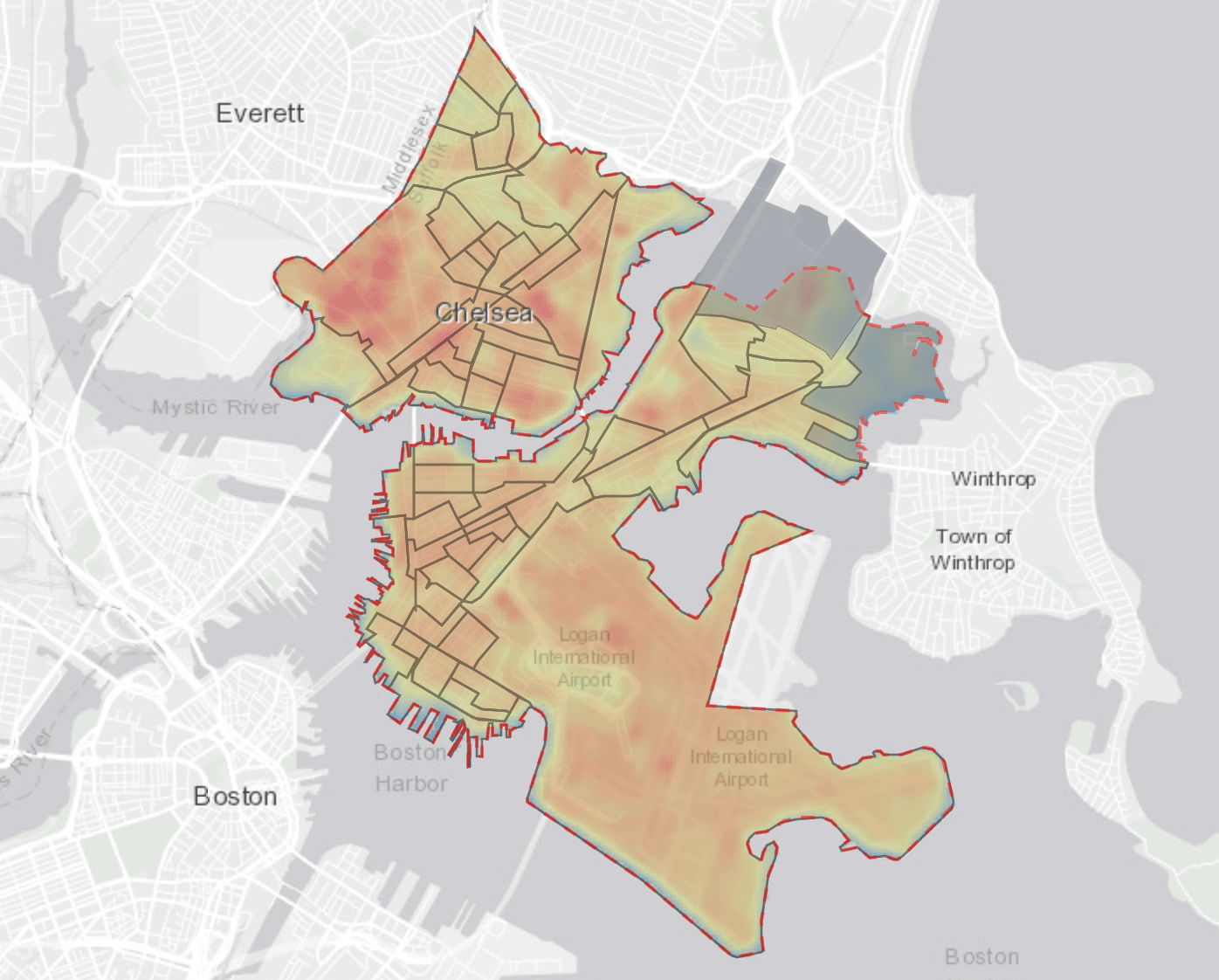 This map uses temperature sensor data to show pockets of extreme heat in Chelsea. The Cool Block pilot is in the south east pocket. (Courtesy C-Heat Project)