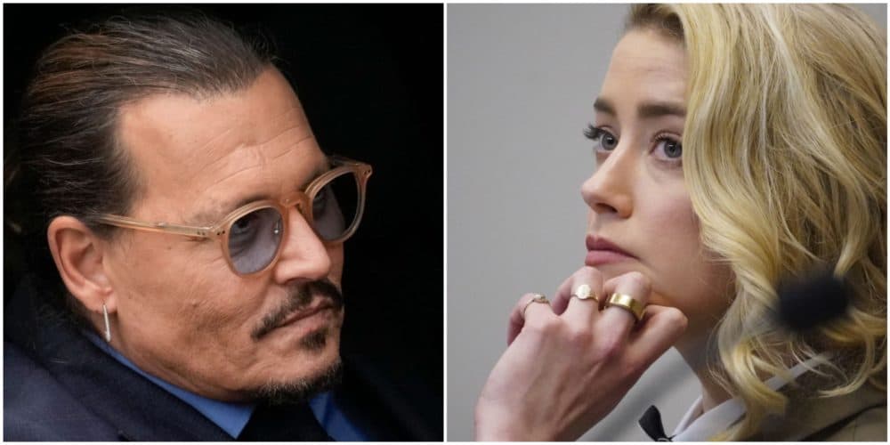 On the left, actor Johnny Depp sits in his vehicle as he departs the Fairfax County Courthouse on May 27, 2022 in Fairfax, Virginia. (Drew Angerer/Getty Images) On the right, Amber Heard listens in the courtroom at the Fairfax County Circuit Courthouse in Fairfax, Virginia, on May 23, 2022. (Steve Helber / POOL / AFP via Getty)