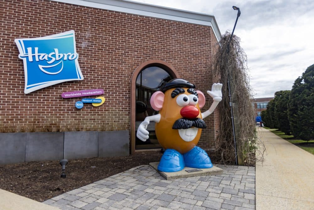 Mr. Potato Head waves outside of the headquarters of Hasbro Inc. in Pawtucket, R.I. (Jesse Costa/WBUR)