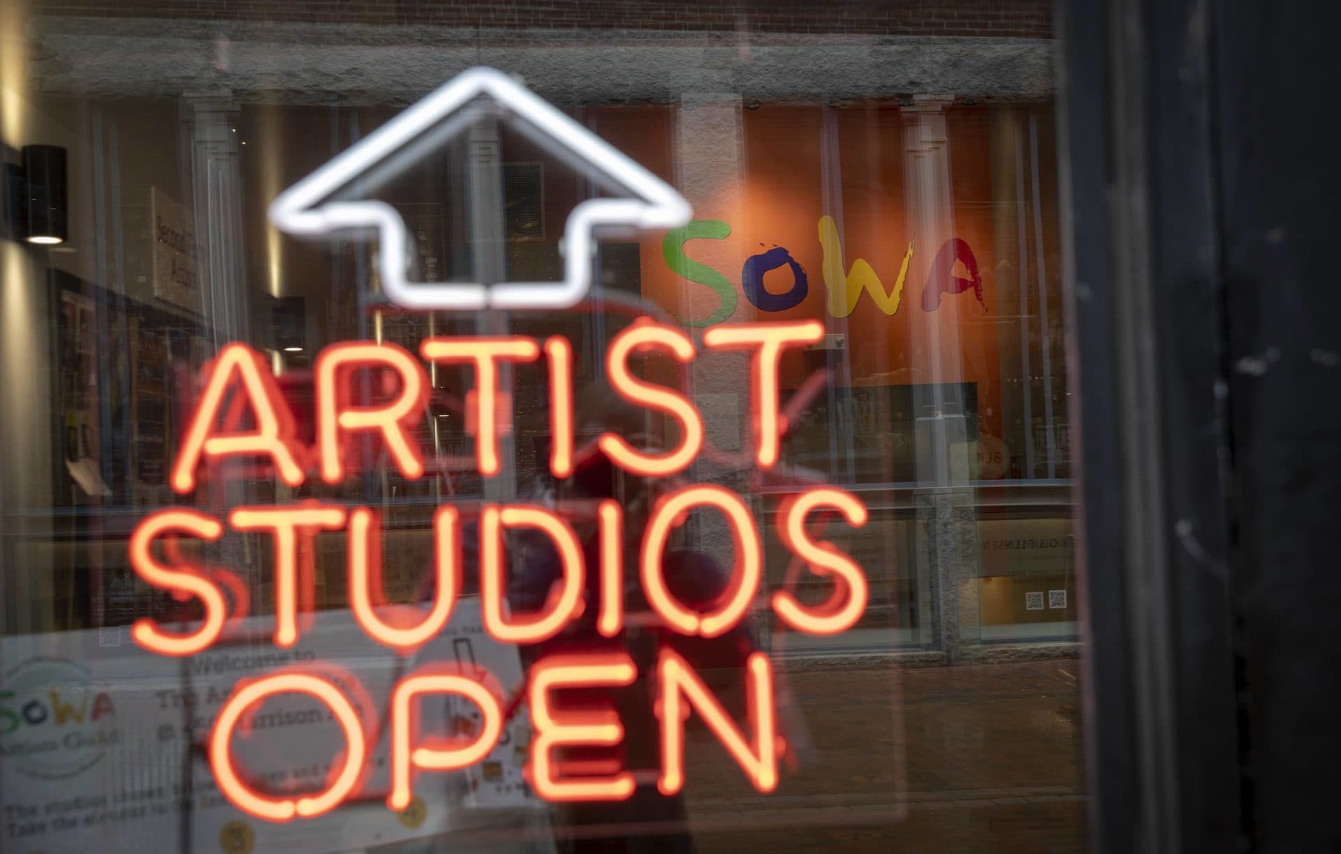 An &quot;artist studios open&quot; sign at the SoWa Art and Design District in Boston. (Robin Lubbock/WBUR)