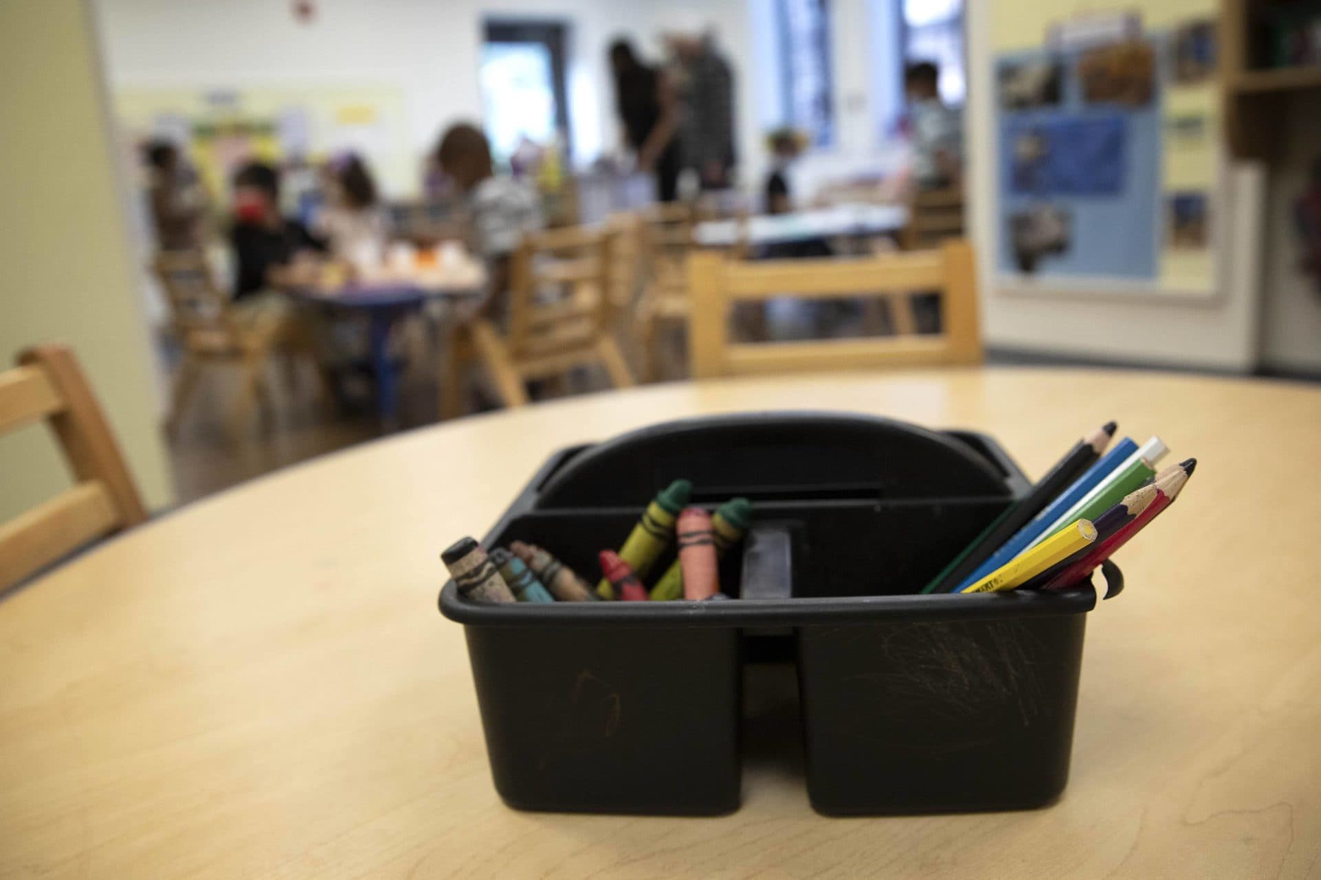 A box of crayons in a classroom at Ellis Early Learning in Boston. (Robin Lubbock/WBUR)