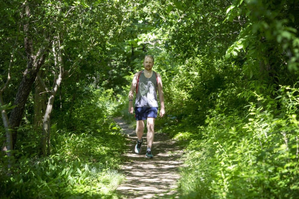 The Walking City Trail is a 25-mile urban trail that Miles Howard plotted to connect established green spaces in Boston. Parts of the trail, like this section near McLaughlin Playground in Mission Hill, don't feel urban at all. (Robin Lubbock/WBUR)