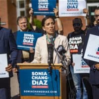 Sonia Chang-Diaz announces she will no longer campaign for Governor of Massachusetts at a press conference in Jamaica Plain. (Jesse Costa/WBUR)