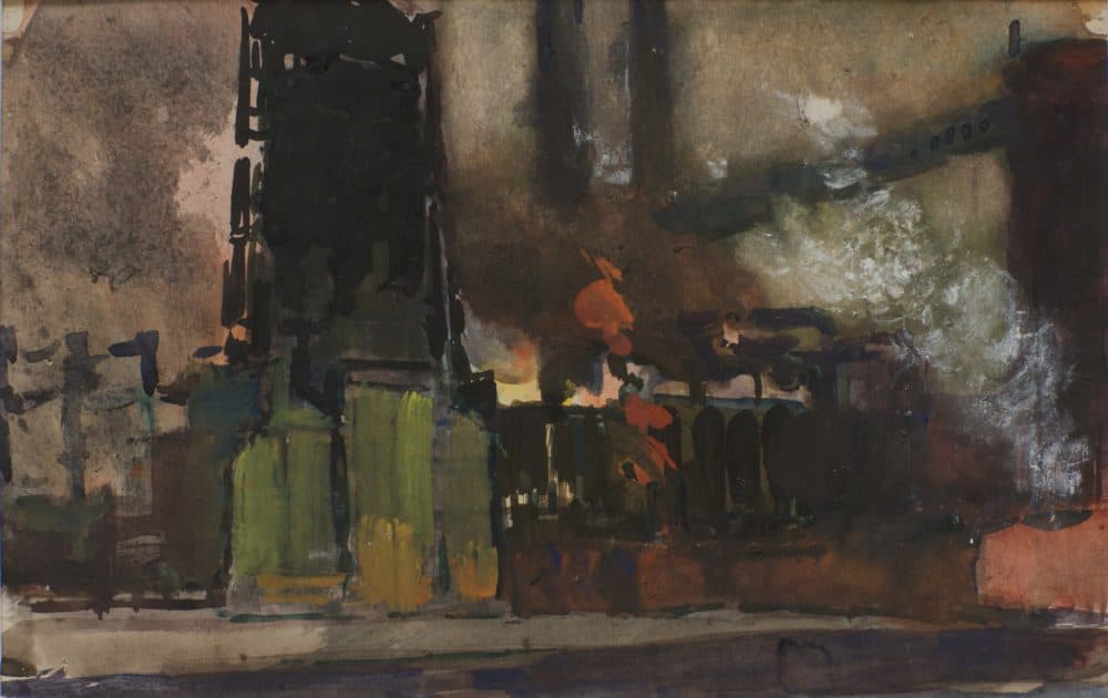 Felix Lembersky, Night at the Urals’ Plant, Nizhny Tagil, 1958, gouache on paper. (Courtesy)