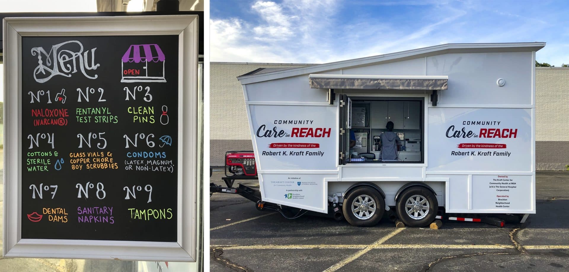 Left, a menu of items for clients visiting the Kraft Community Care in Reach trailer run by the Brockton Neighborhood Health Center. (Martha Bebinger/WBUR)